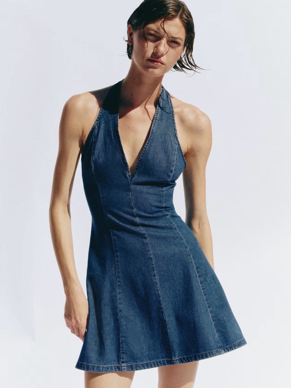 H&M Denim Halter Mini Dress in Deep Blue